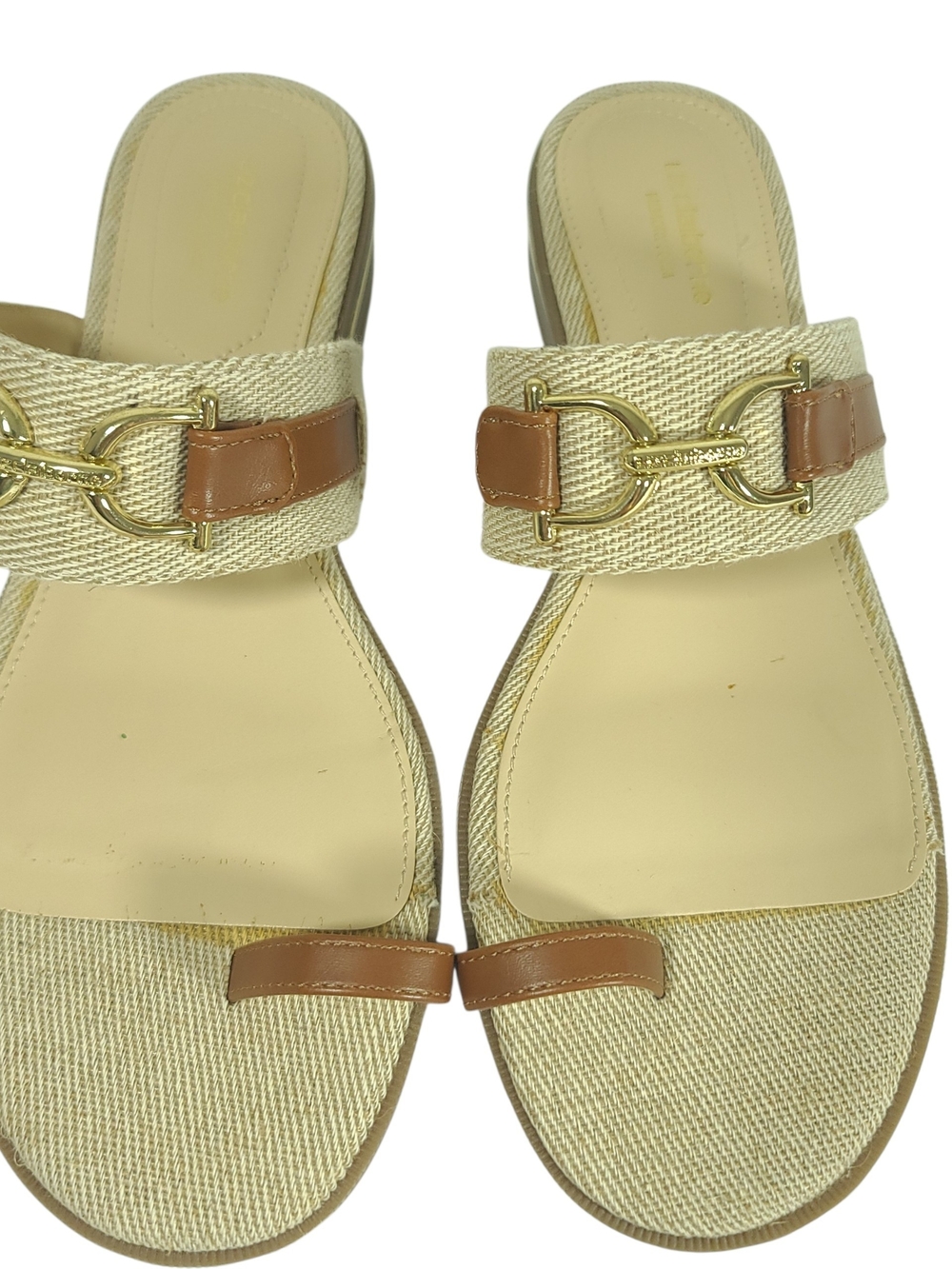 Liz Claiborne "Argent" flat sandal textured canvas strap brown accents Size 8.5